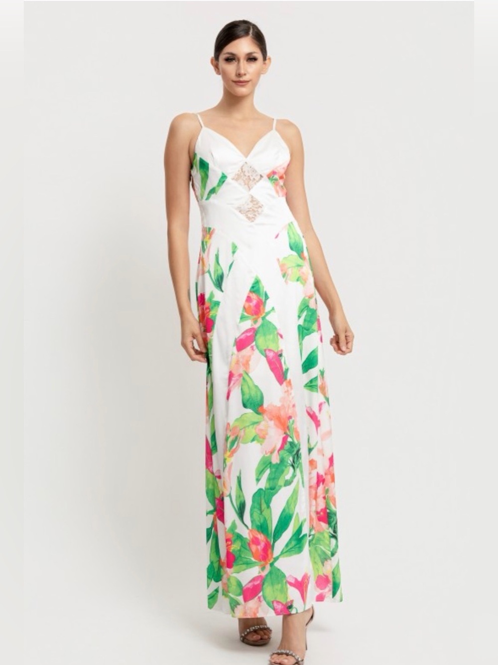 A650. White Floral Maxi Dress with Green and Pink Print